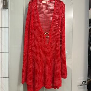 Monday Swimwear Red Knit Cover-Up with Gold Ring Detail